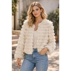 She + Sky Shaggy Fringe Jacket Sz Large Open Front Faux Fur Boho